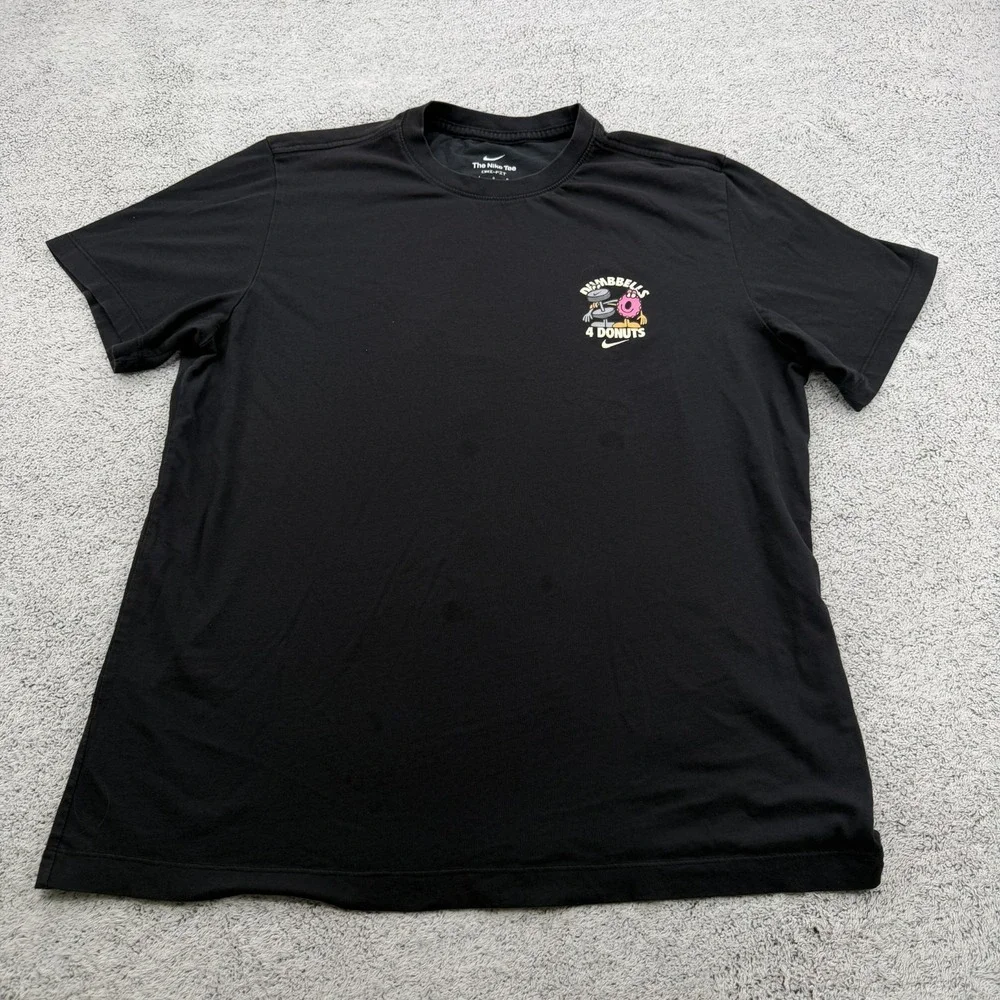 Nike Shirt Men Large Black Graphic Dumbells 4 Donuts Swoosh Gym Crew Dri Fit Tee